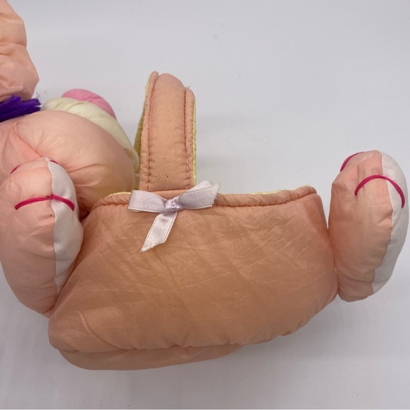 Vintage Pink Yellow Nylon Parachute Plush Bunny Easter Basket Puffalump Style - Picture 11 of 14